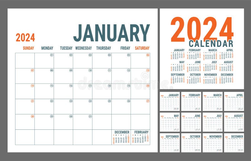 Календарь на 2024 год. Шаблон проектирования календаря стены или карманный  английского вектора квадратный. Новый Год. В начале нед Иллюстрация вектора  - иллюстрации насчитывающей офис, воскресенье: 211159150