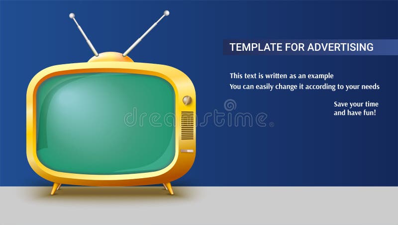 Шаблон с ретро желтым телевизором для рекламы на горизонтальном длинном  фоне, иллюстрации 3D с местом для текста Иллюстрация вектора - иллюстрации  насчитывающей иллюстрация, кино: 101074198