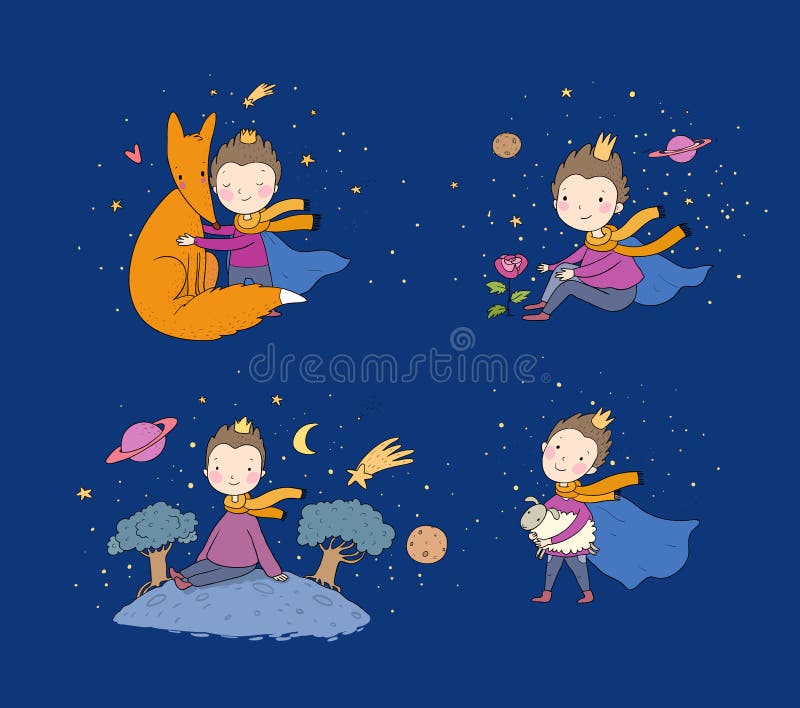 一个关于男孩 玫瑰 行星和狐狸的童话带羊的王子小王子向量例证 插画包括有看板卡 乱画