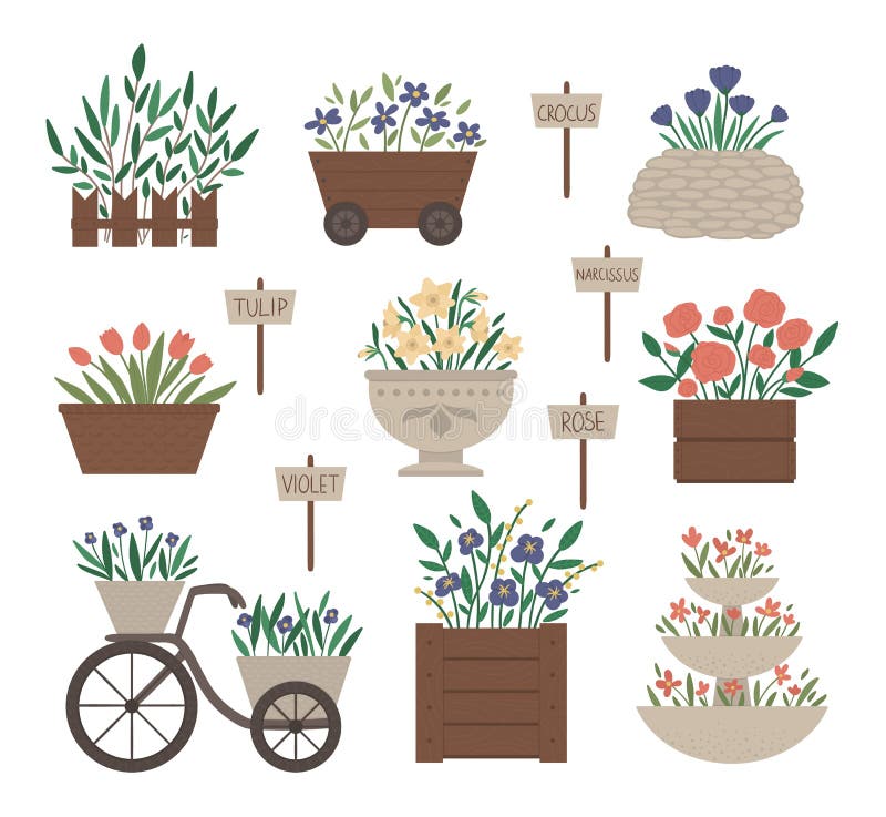 不同花床的矢量图花园装饰花坛春夏佳作向量例证 插画包括有农场 从事园艺 棚车 绿色 收集