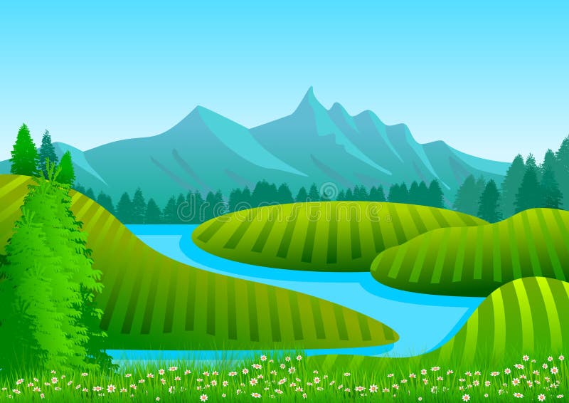与天空蔚蓝 山在背景中 青山 树和河的自然风景库存图片 插画包括有与天空蔚蓝 山在背景中 青山 树和河的自然风景