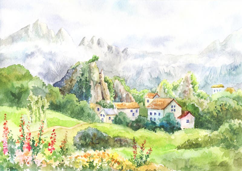 与山的水彩风景 草甸 村庄凉快的天库存例证 插画包括有瑜伽 海报 冷静 横向 放松 打印 与山的水彩风景 草甸 村庄凉快的天库存例证 插画包括有瑜伽 海报 冷静 横向 放松 打印