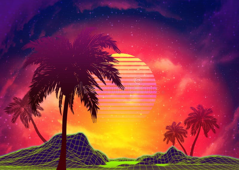 与岩石和棕榈的vaporwave风景库存例证 插画包括有 与岩石和棕榈的vaporwave风景库存例证 插画包括有