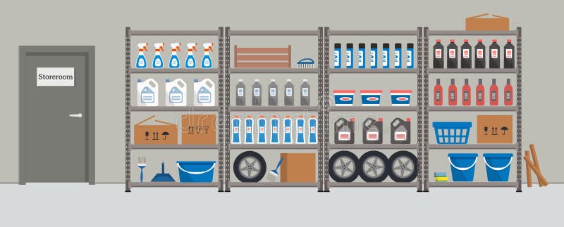 与日用商品的棚架仓库机架向量例证 插画包括有