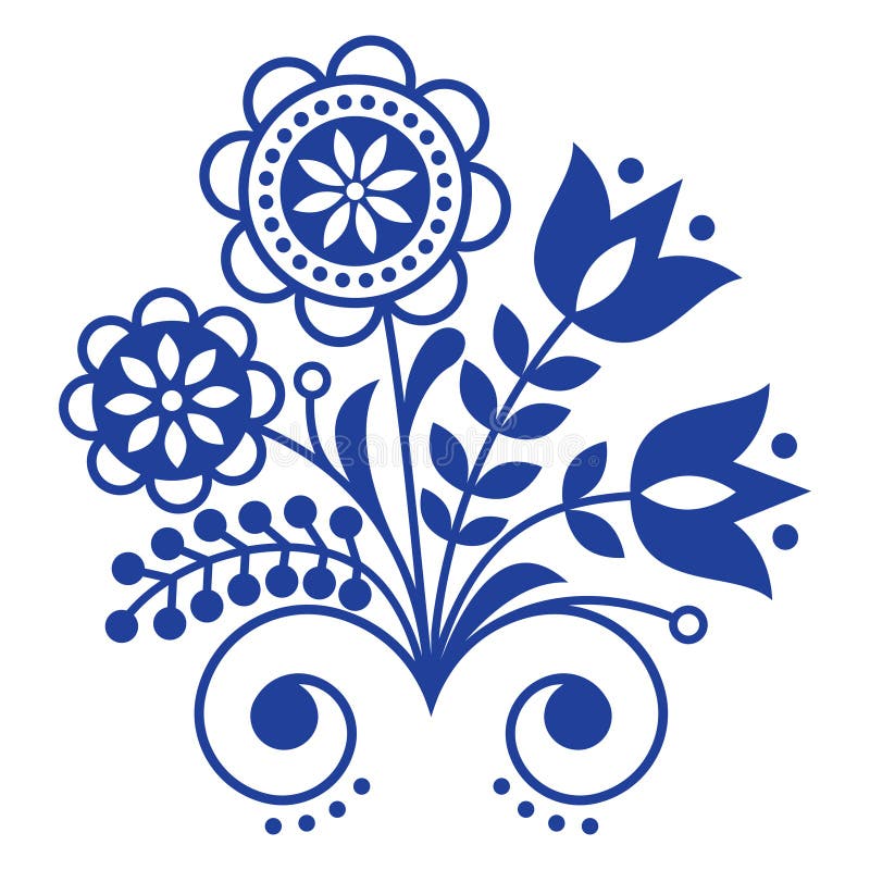 与花的斯堪的纳维亚民间艺术装饰品 北欧花卉设计 在藏青色的减速火箭的背景库存例证 插画包括有装饰 丹麦语