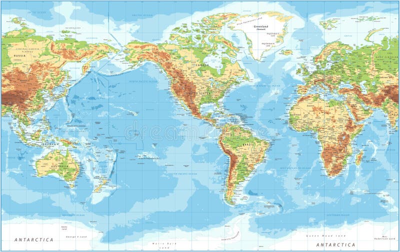 世界地图 美国视图 实物地形图 矢量图详图 美国中心库存例证 插画包括有东部 澳洲