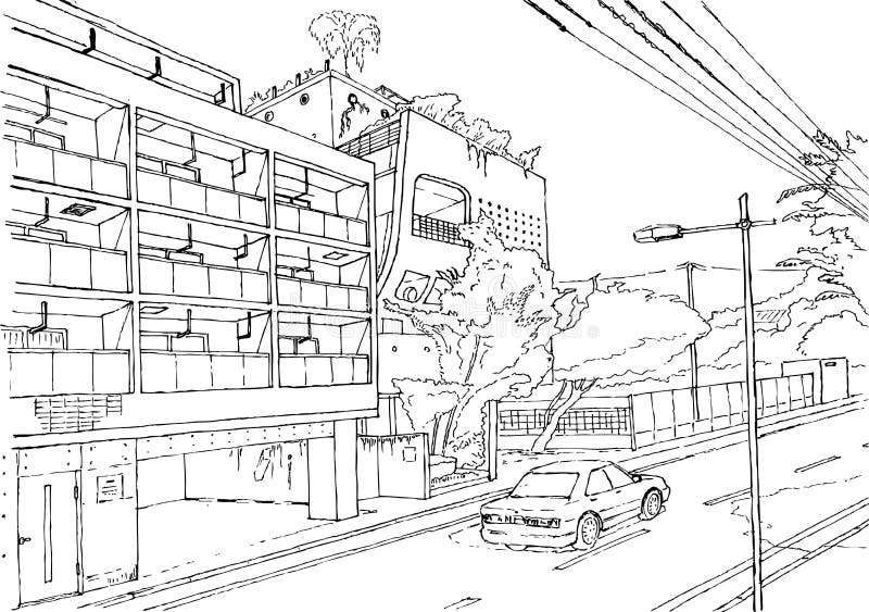 东京市景矢量图插图东京街 图形矢量图插图 日本漫画风格背景线画向量例证 插画包括有地标 商业