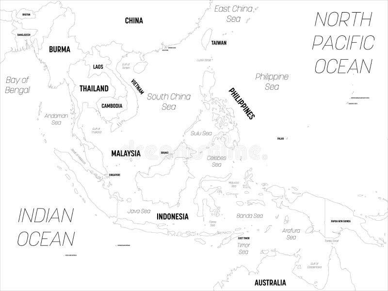 东南亚地图东南地区高度详细的政治地图 包括国家 首都 海洋和海名向量例证 插画包括有设计 海运