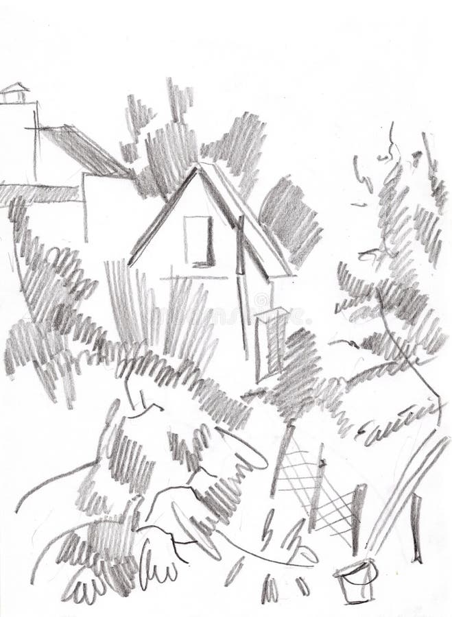 乡村风景的铅笔素描库存例证. 插画包括有草图, 样式, 设计, 都市, 夏天 