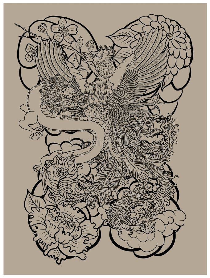 传统龙与凤凰纹身设计向量例证 插画包括有装饰 橙色 生物 抽象 本质 羽毛 飞行 汉语 传统龙与凤凰纹身设计向量例证 插画包括有装饰 橙色 生物 抽象 本质 羽毛 飞行 汉语