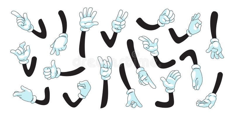 卡通手臂戴白手套的人物或吉祥物角色 他们用手掌和手指做手势矢量漫画符号向量例证 插画包括有投反对票 背包