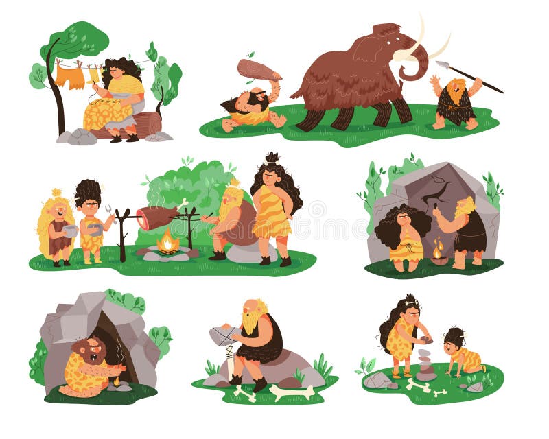 史前石器时代原始人生活矢量图野人横幅 猛犸象的狩猎和生活向量例证 插画包括有刀子 镇痛药