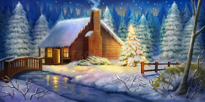 圣诞夜冬暖舱雪地幻想背景库存例证 插画包括有室外 设计 横向 比赛 地产 小屋 圣诞节