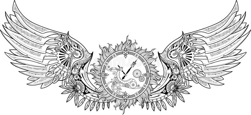 在与钟表机构的steampunk样式做的机械翼向量例证 插画包括有说明 羽毛 例证 时髦 图画