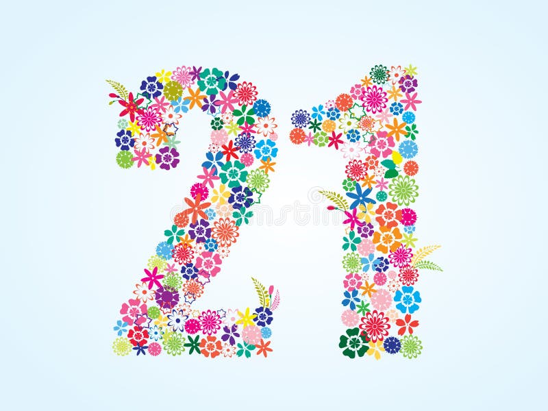 在白色背景隔绝的传染媒介五颜六色的花卉21个数字设计花卉第二十一个字体向量例证 插画包括有开花 照亮
