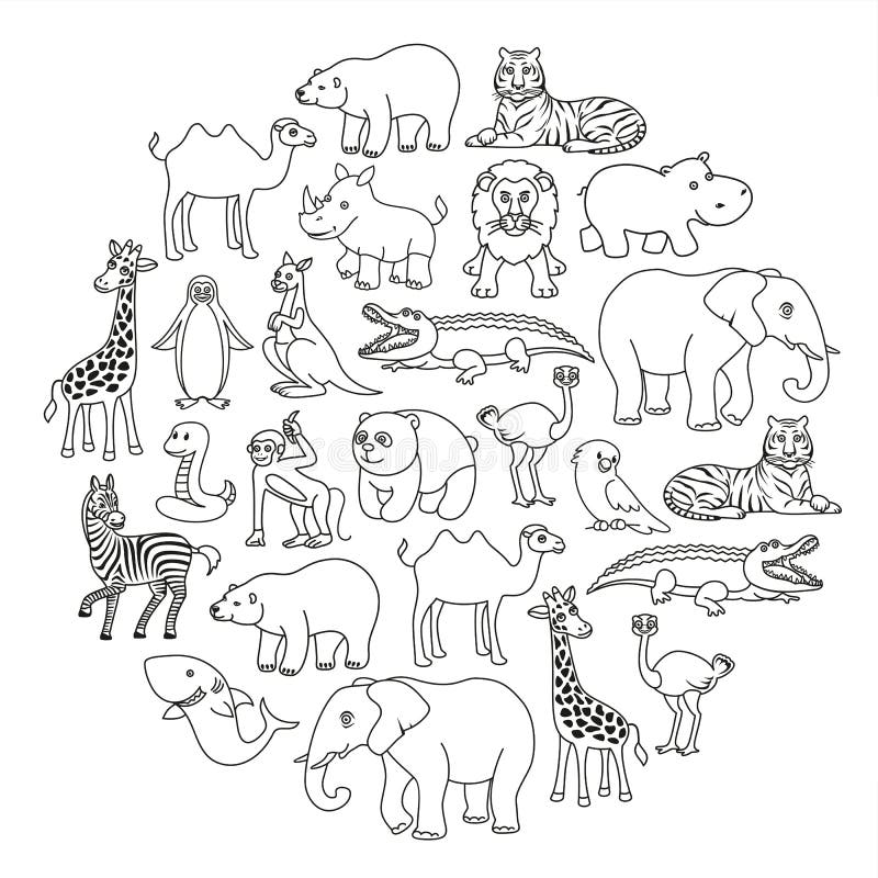 在线型的野生动物黑白图表向量例证 插画包括有猴子 鳄鱼 查出 设置 大象 骆驼 海豚 在线型的野生动物黑白图表向量例证 插画包括有猴子 鳄鱼 查出 设置 大象 骆驼 海豚