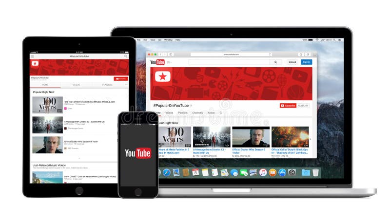 在iphone Ipad和macbook赞成屏幕的youtube App商标编辑类图片 图片包括有说明 赞成