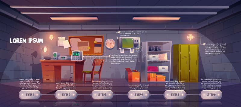 地下掩体信息图形时线阶段向量例证 插画包括有总部 跳跃者 防御 家具 收音机 动画片