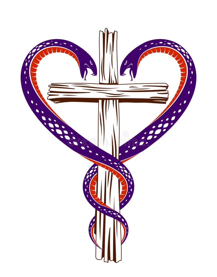 基督徒十字架和两条蛇在心脏 宗教象征主义形状向量例证 插画包括有