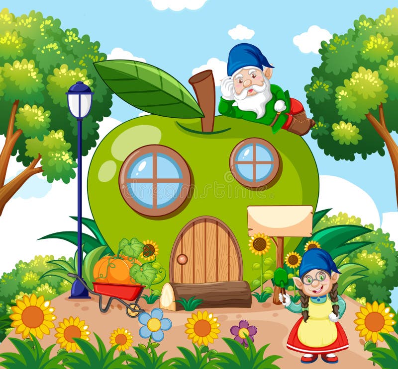 花园背景中的侏儒和木蘑菇屋及花园卡通风格向量例证 插画包括有神仙 逗人喜爱 地精 本质 框架