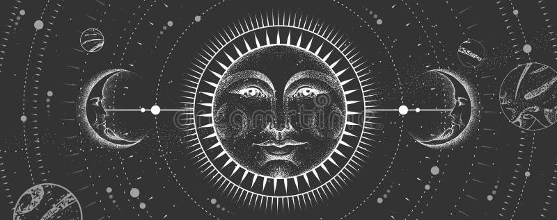 太空背景上具有人脸的星象学日月标志的现代魔法巫术卡日和日向量例证 插画包括有方术 梦想 太空背景上具有人脸的星象学日月标志的现代魔法巫术卡日和日向量例证 插画包括有方术 梦想
