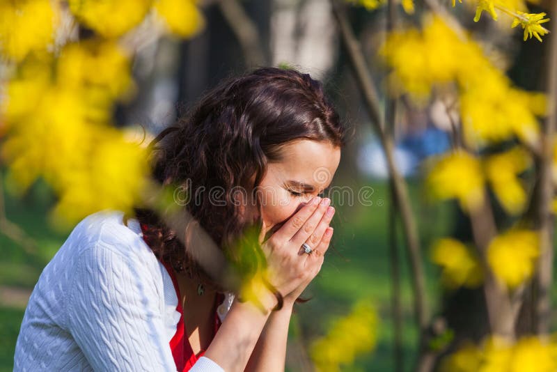 妇女以花粉症库存图片 图片包括有