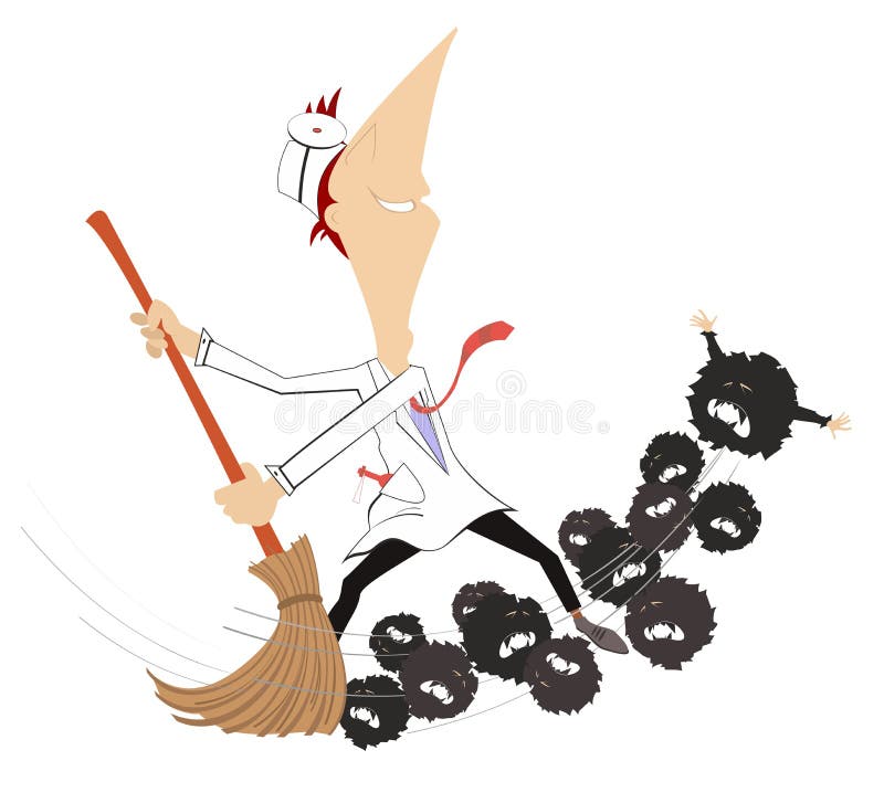 带大扫帚的卡通医生扫出病毒的插图向量例证 插画包括有概念 图象 感觉 笤帚 愉快 幽默