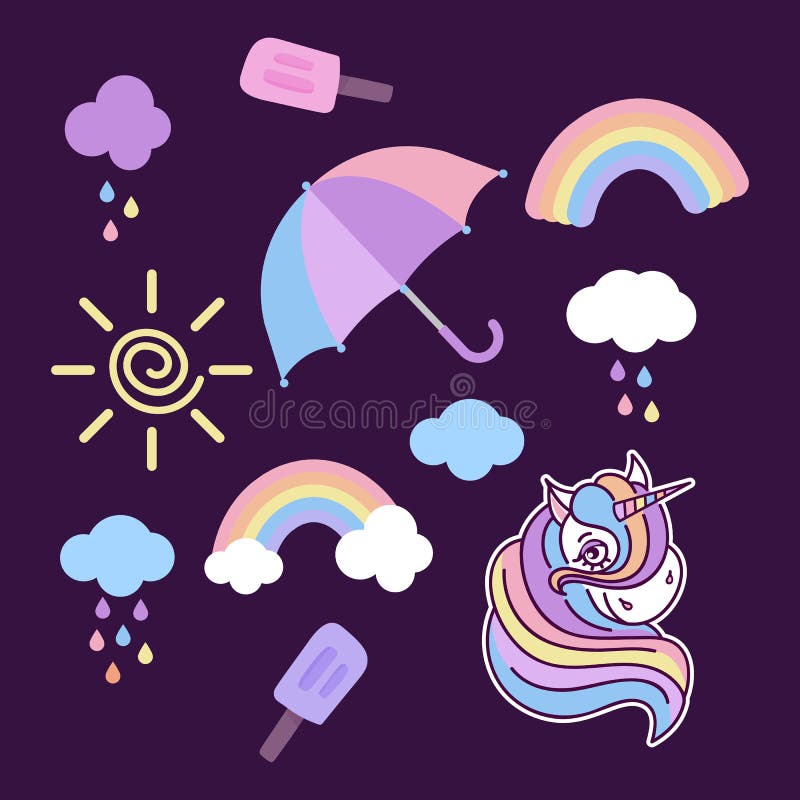 带独角兽 彩虹 云 雨伞和其他元素的矢量剪辑艺术 用于您的设计 矢量背景向量例证 插画包括有打印 发光 带独角兽 彩虹 云 雨伞和其他元素的矢量剪辑艺术 用于您的设计 矢量背景向量例证 插画包括有打印 发光