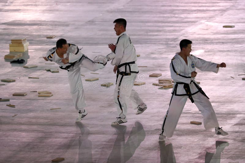 18年庆昌冬奥会开幕式前南跆拳道队表演编辑类库存照片 图片包括有比赛 奥林匹克 体育场