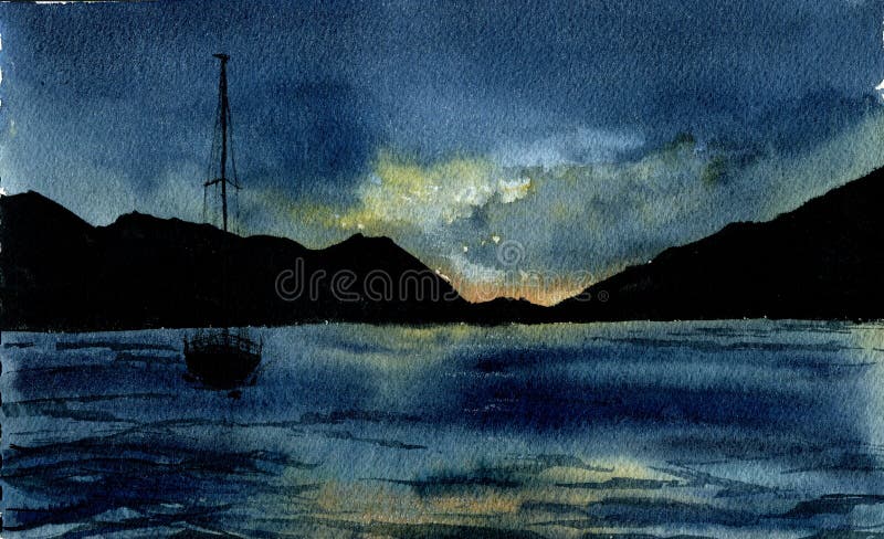 水彩与游艇的海风景手拉的夜海illust 库存例证 插画包括有手拉的夜海illust 水彩与游艇的海风景