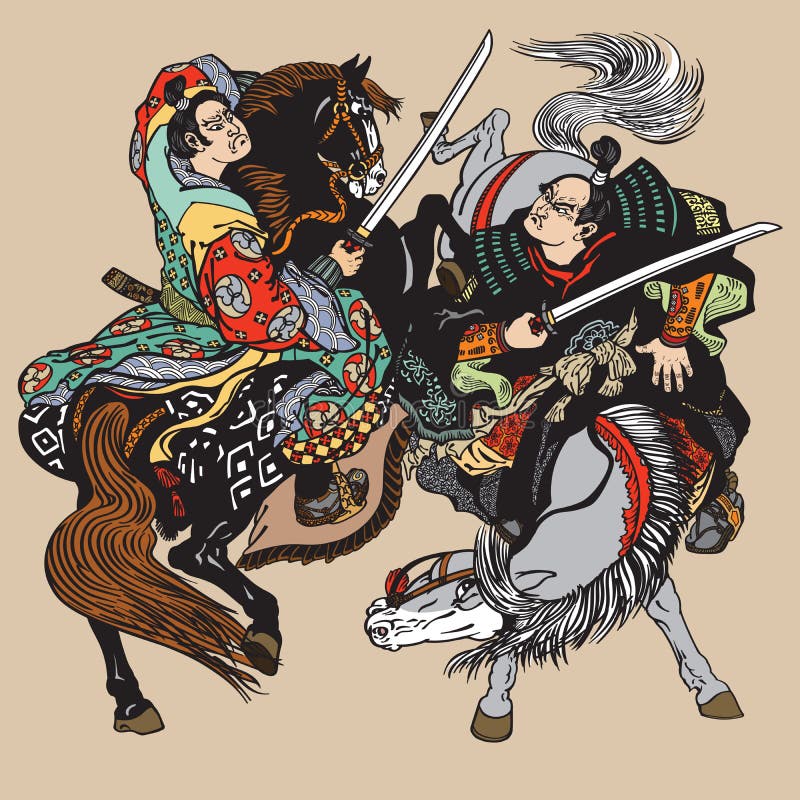 战斗与剑的两日本人武士向量例证 插画包括有强制 战斗机 历史 马背 枪炮 文化 艺术