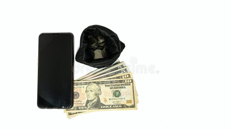 手机和装有硬币的包中的美元库存图片 图片包括有手机和装有硬币的包中的美元