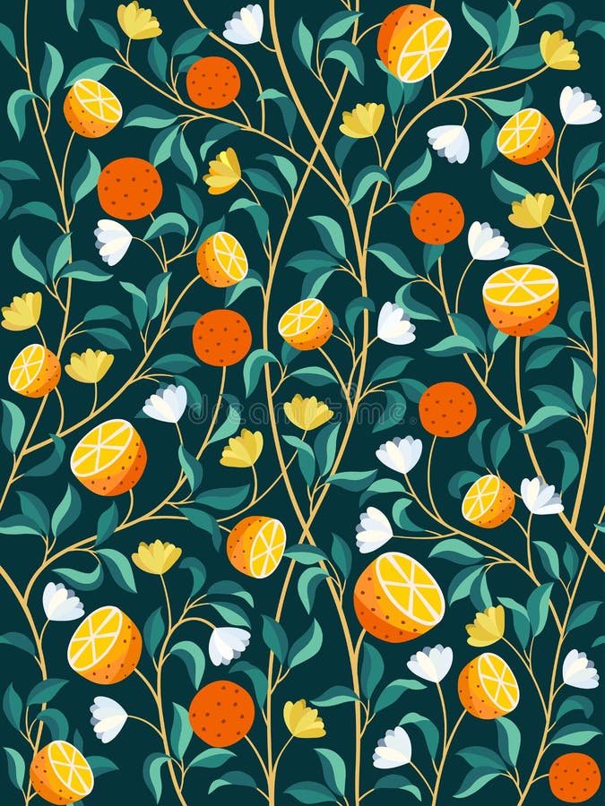 橙 花 春枝无缝热带水果图案背景矢量插图向量例证 插画包括有花卉 有机 装饰品 要素 叶子
