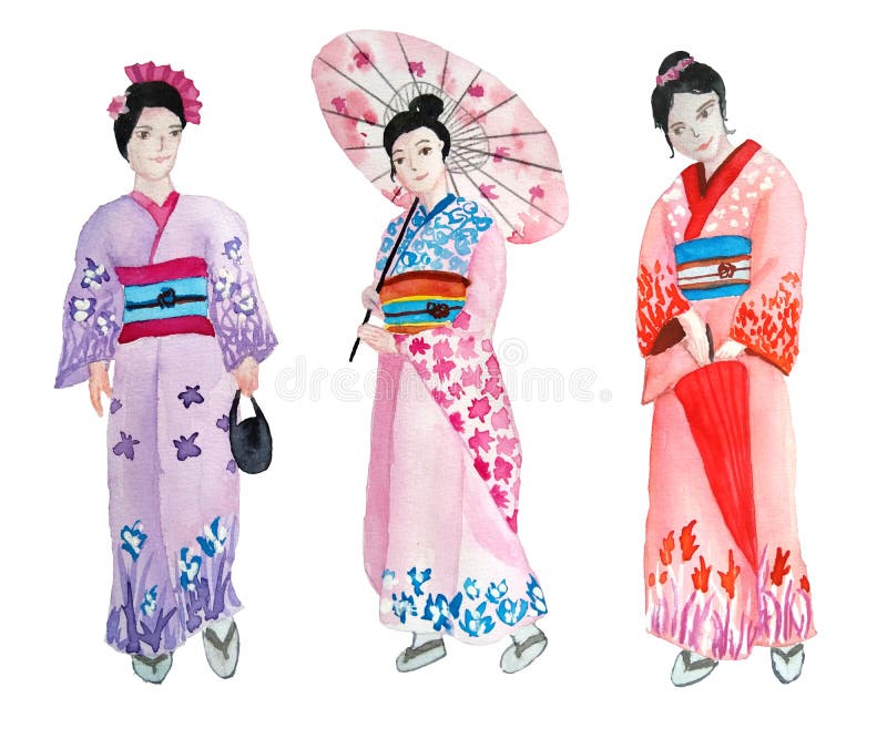 水彩手绘与和服日本传统亚式红粉服饰女性图案设计库存例证 插画包括有粉红色 艺妓 女性 设计 水彩手绘与和服日本传统亚式红粉服饰女性图案设计库存例证 插画包括有粉红色 艺妓 女性 设计