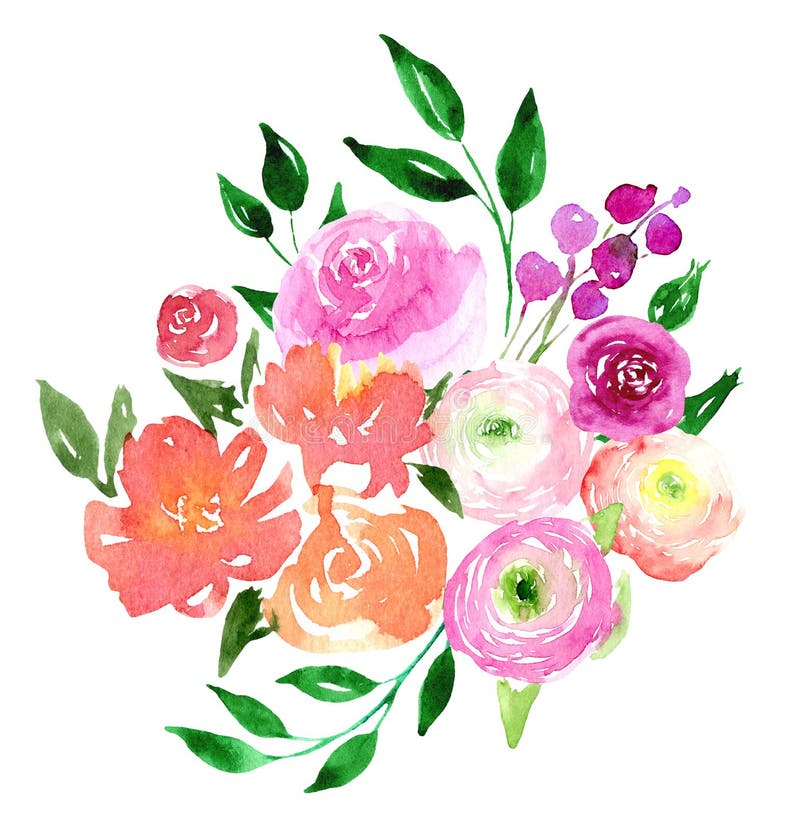 水彩松花美剪优雅的花束 带粉红 紫 黄花和叶的横幅库存例证 插画包括有打印 典雅 查出 粉红色