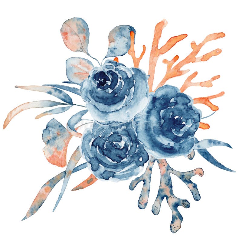 水彩水下花束 有珊瑚和花 手绘插图库存例证 插画包括有图画 居住 花束 经典 靛蓝 海洋