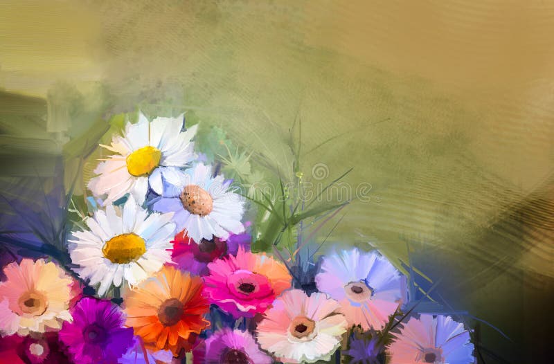 油画白色 黄色和橙色向日葵静物画花束库存例证 插画包括有植物群 开花 设计 春黄菊 生活