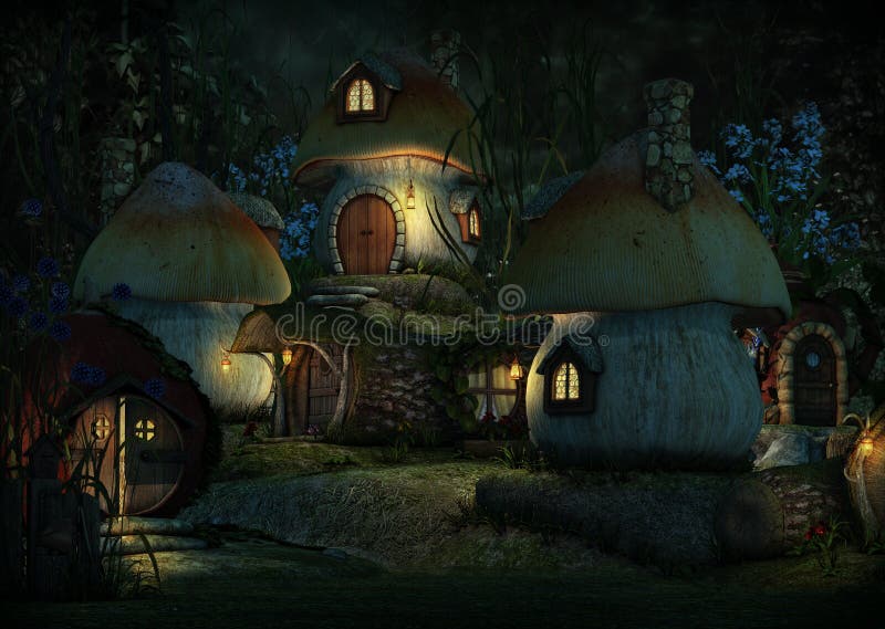 淘气鬼村庄在夜 3d Cg之前库存例证 插画包括有幻想 村庄 蘑菇 葡萄酒 布琼布拉 背包