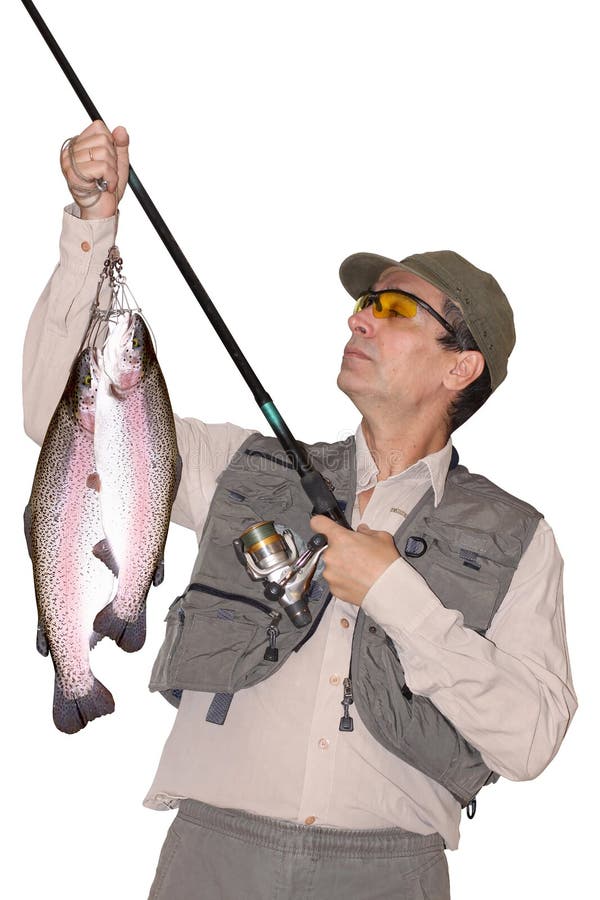 有一条鲤鱼鱼的成熟渔夫在一根钓鱼竿库存照片. 图片包括有休闲, 鱼钩