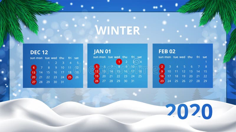 矢量图年日历设计可爱的冬季背景 季节性日历12月 1月 2月库存例证 插画包括有月份 编号