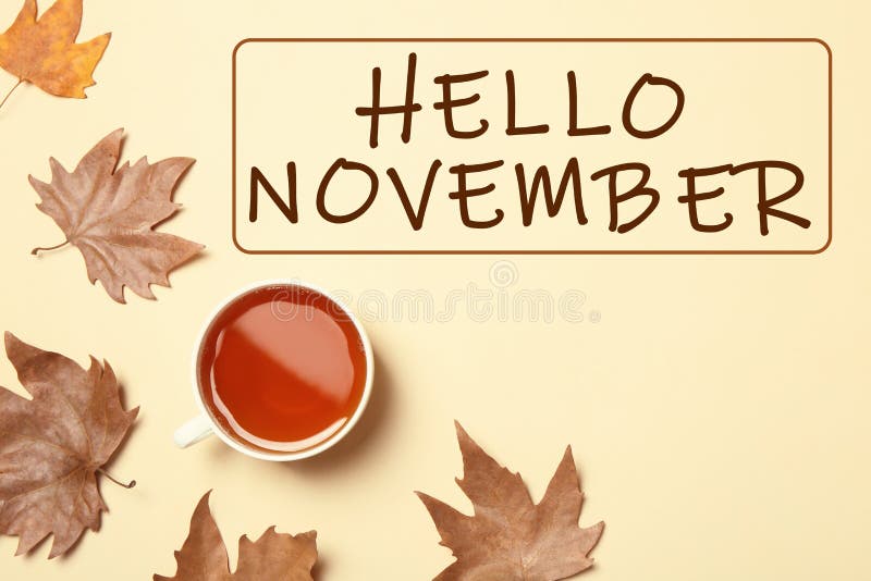 米色背景中的 你好 11月杯茶和秋叶库存照片 图片包括有地图集 咖啡馆 叶子 你好 颜色