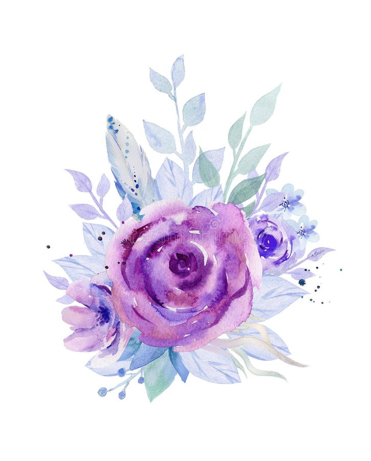 紫花束抽象蓝花白色背景上突显的水色插图库存例证 插画包括有装饰 牡丹 庭院 羽毛 查出