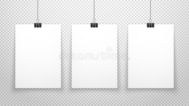纸海报挂在墙上的白板透明背景中隔离的三张海报模板矢量向量例证 插画包括有框架 图象