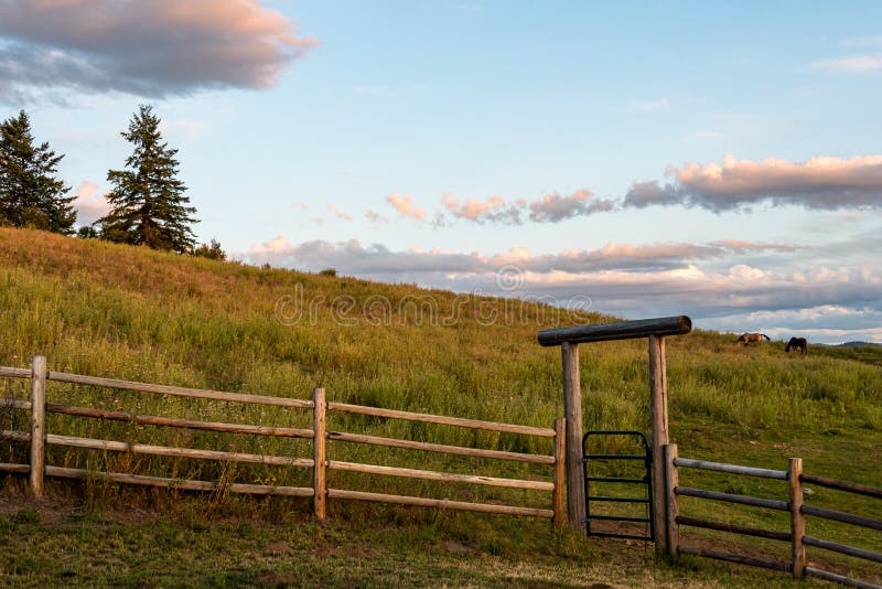 美国华盛顿州东部的西部牧场 有木栅和带金属门 夕阳 马的原木入口库存照片 图片包括有复制 夏天