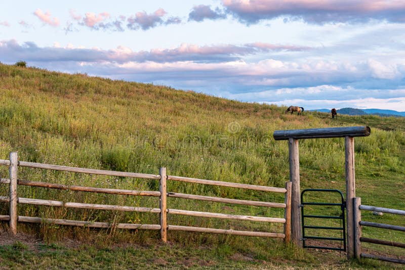 美国华盛顿州东部的西部牧场 有木栅和带金属门 夕阳 马的原木入口库存照片 图片包括有复制 夏天