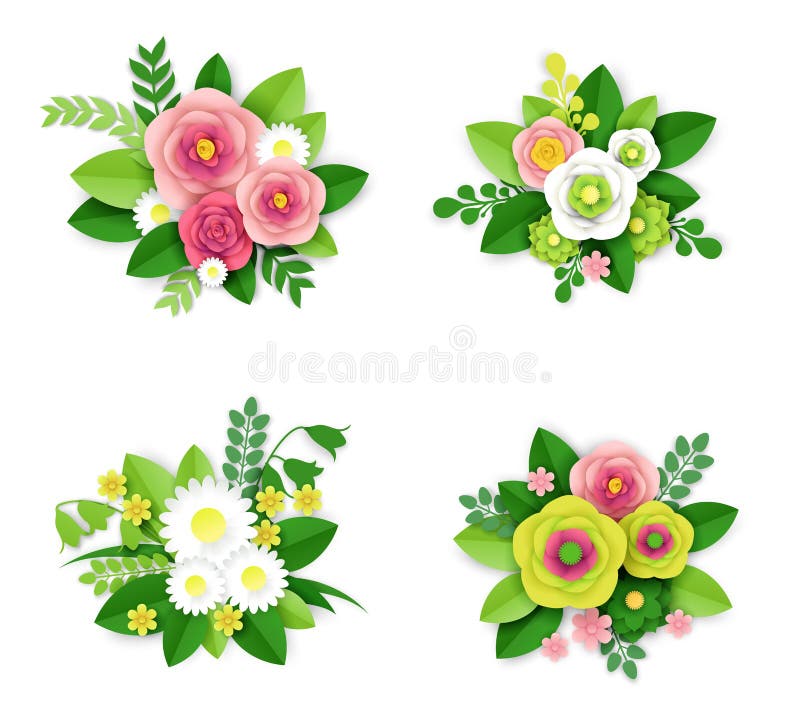 花卉构图集 纸艺风格的矢量分离插图春夏花束向量例证 插画包括有夏天 贴纸 看板卡 问候