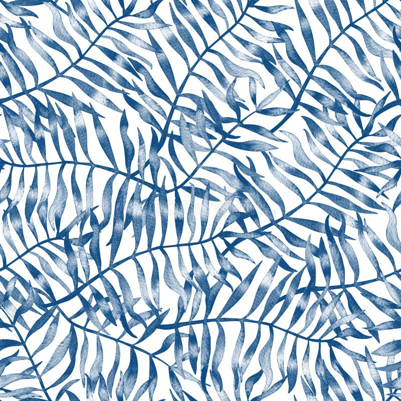 蓝水色热带叶无缝图案具有棕榈叶重复的手绘光栅纹理库存例证 插画包括有具有棕榈叶重复的手绘光栅纹理