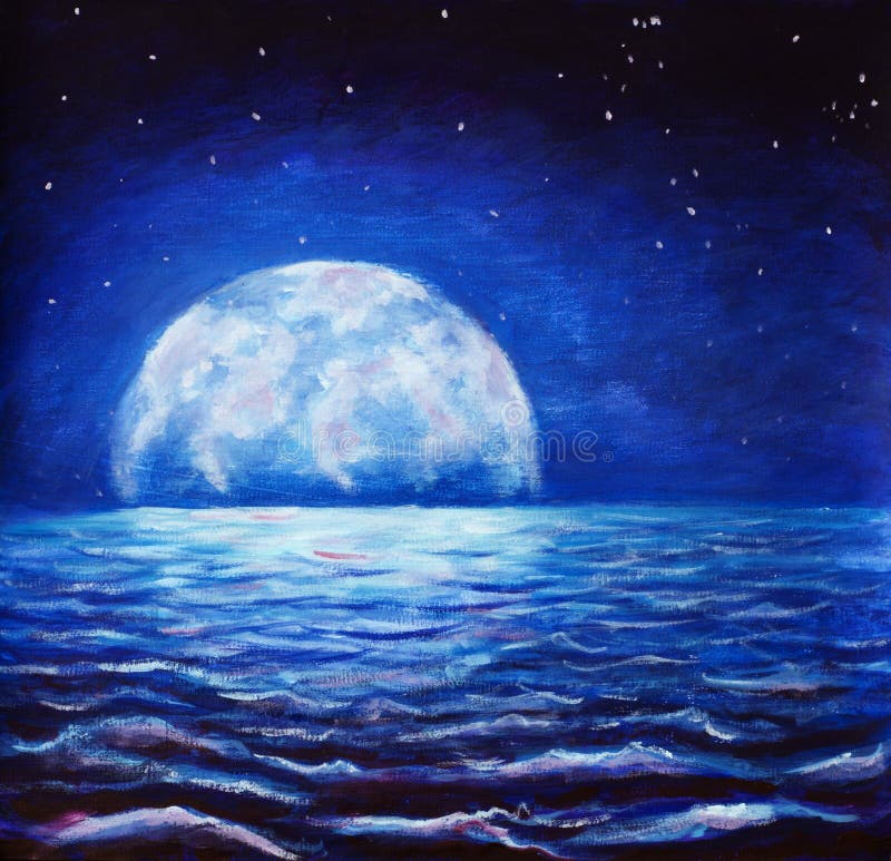 蓝色夜海油画 在海反映的背景大发光的月亮的黑暗的树挥动 幻想艺术例证库存图片 图片包括有发光 天空
