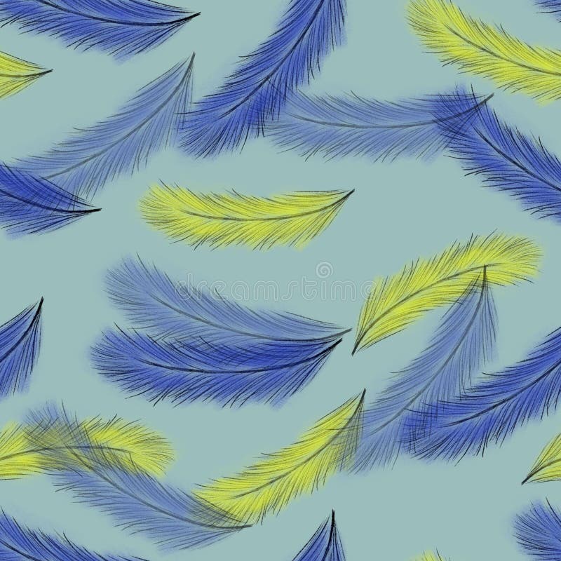 灰色背景中的蓝色和黄色羽毛无缝图案多色手绘印刷品 包装 壁纸 纺织品库存例证 插画包括有多彩多姿 背包