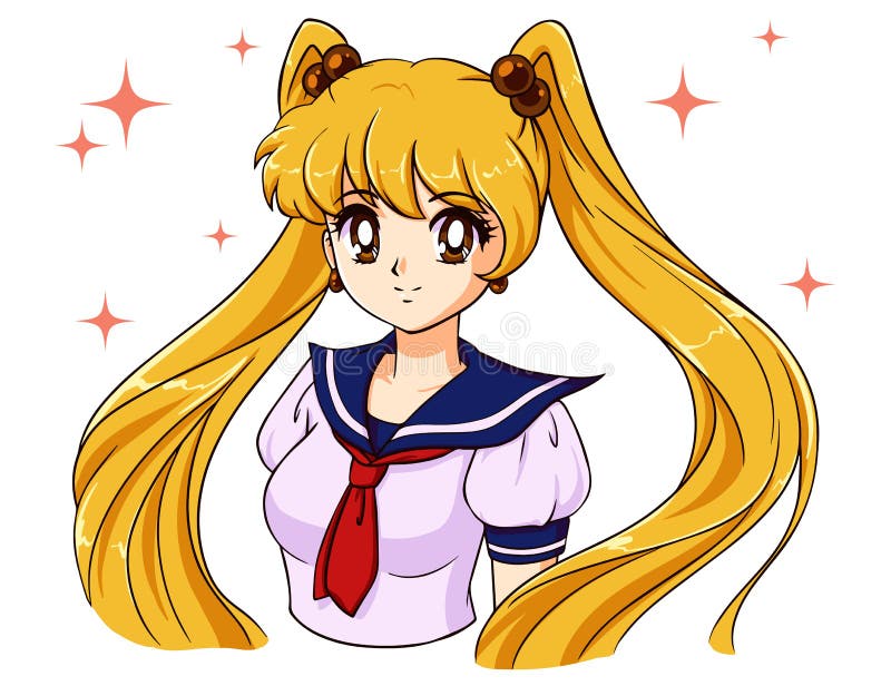 身着水手制服的金尾美女卡通90年代日本动画手绘矢量图向量例证 插画包括有快乐 女孩